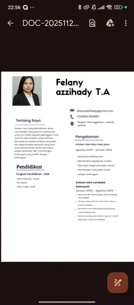 Info loker daerah jakarta / pondok aren