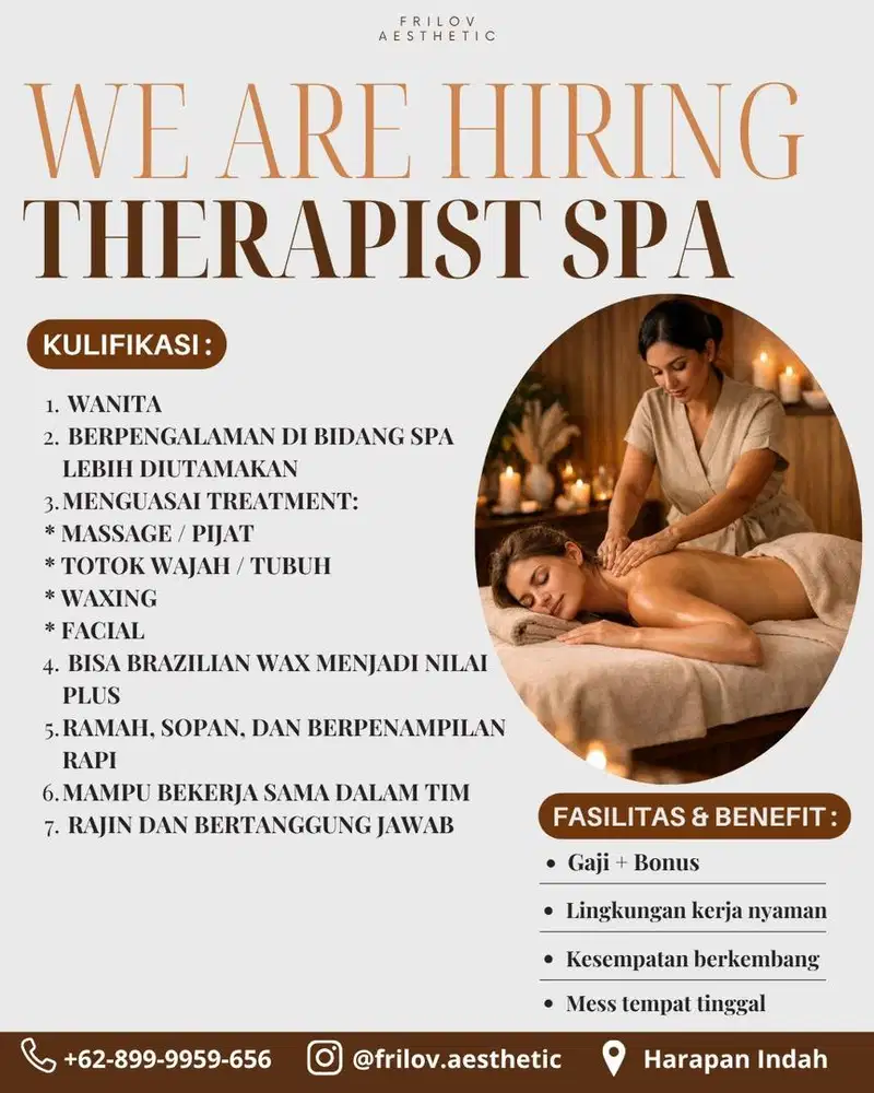 Lowongan Terapis Spa Wanita – Gaji + Bonus + Mess