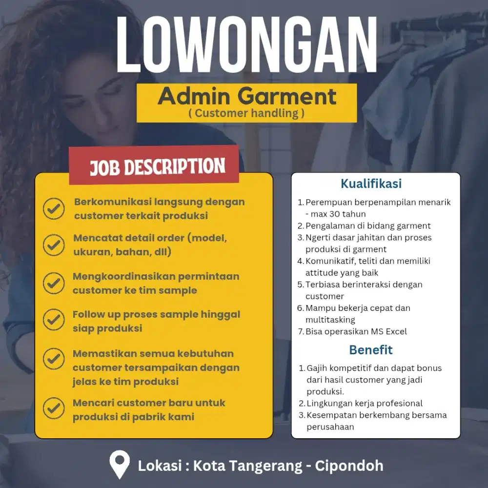 Dicari Admin untuk digarmen Cipondoh - MERCHANDISER (MD) GARMENT