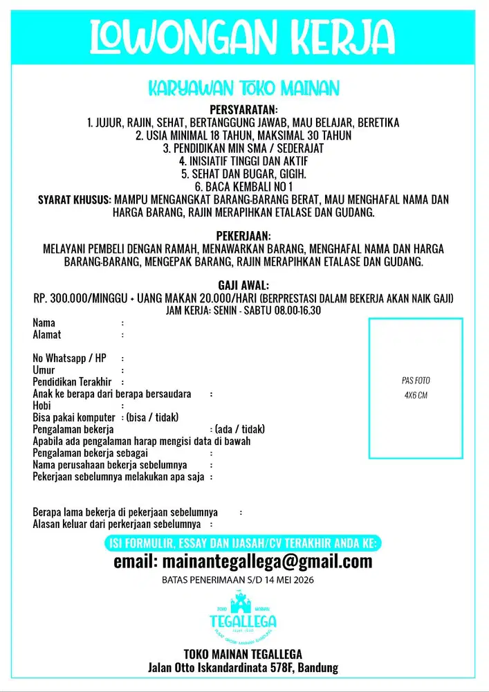 LOKER PEGAWAI/KARYAWAN TOKO MAINAN GROSIR