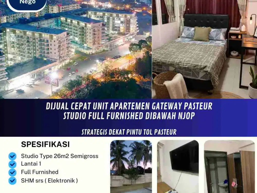 Dijual Cepat Unit Studio Apartemen Gateway Pasteur Bandung Harga Dibawah NJOP, Full Furnished