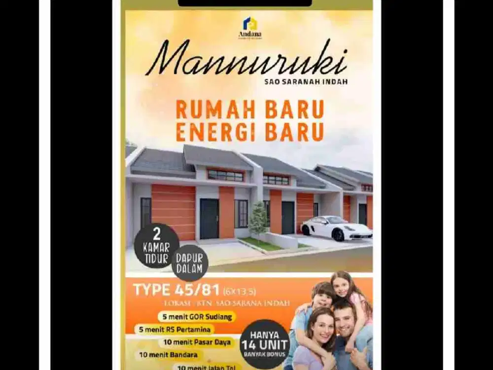 Rumah Jl Manuruki Blakang GOR Sudiang
6X13,50 Kmr 2 WC 1
Type 45
Promo Cash 357 JT