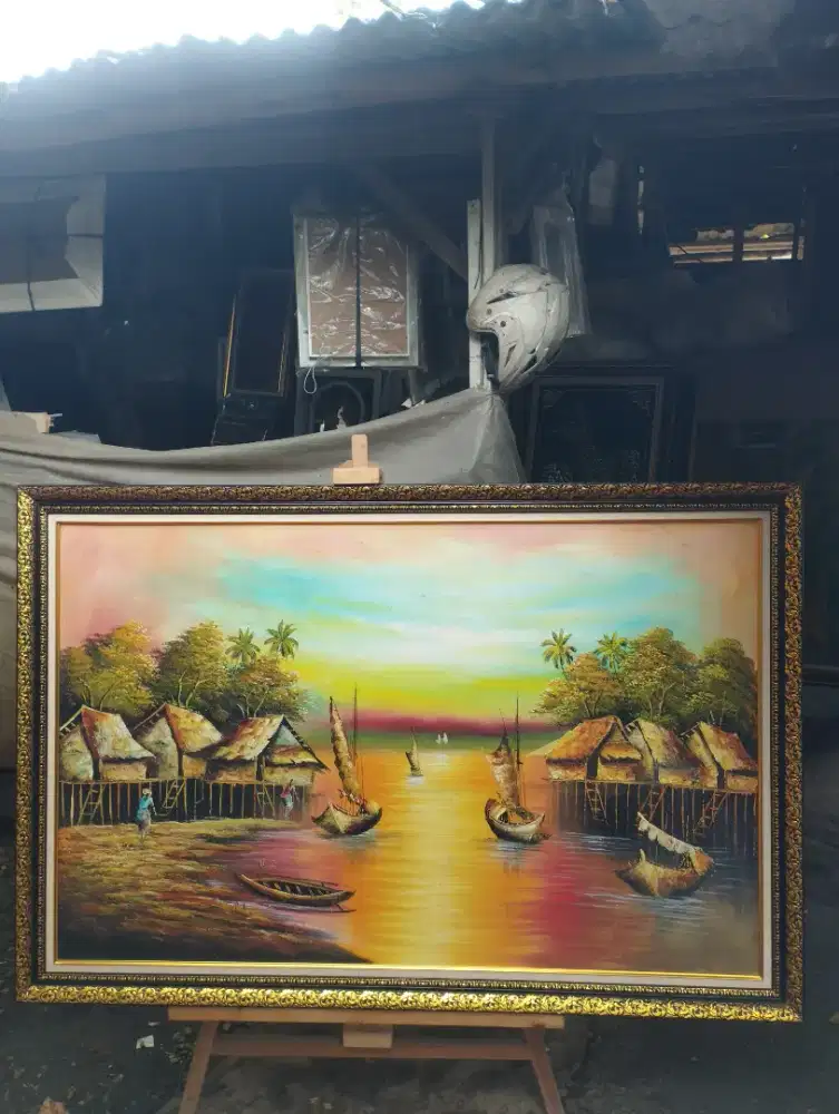 lukisan kanvas pemandangan + frame premium