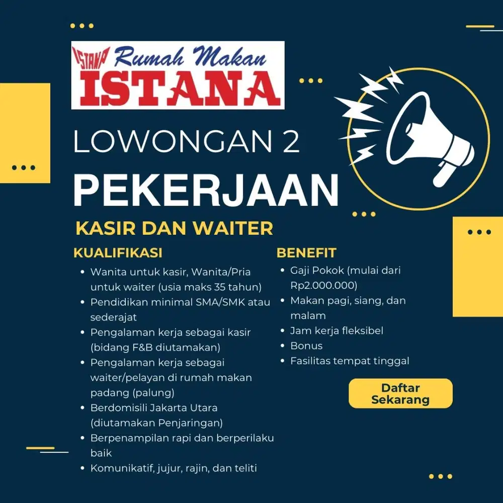 Di cari kasir/waiter  penjaringan jakarta utara