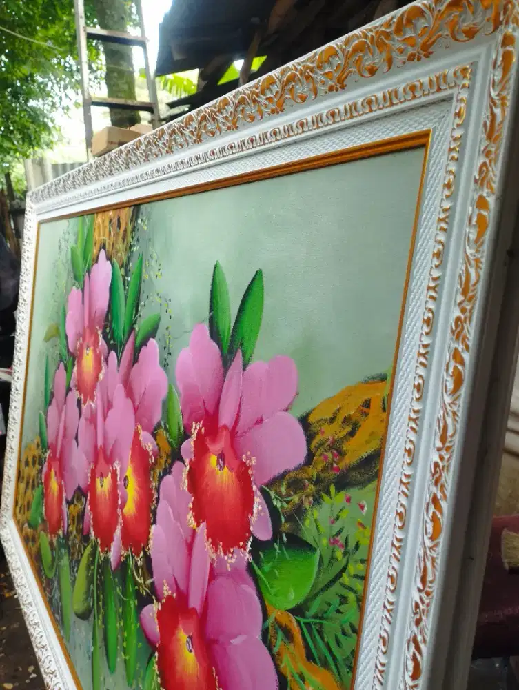 lukisan kanvas bunga cantik + frame premium