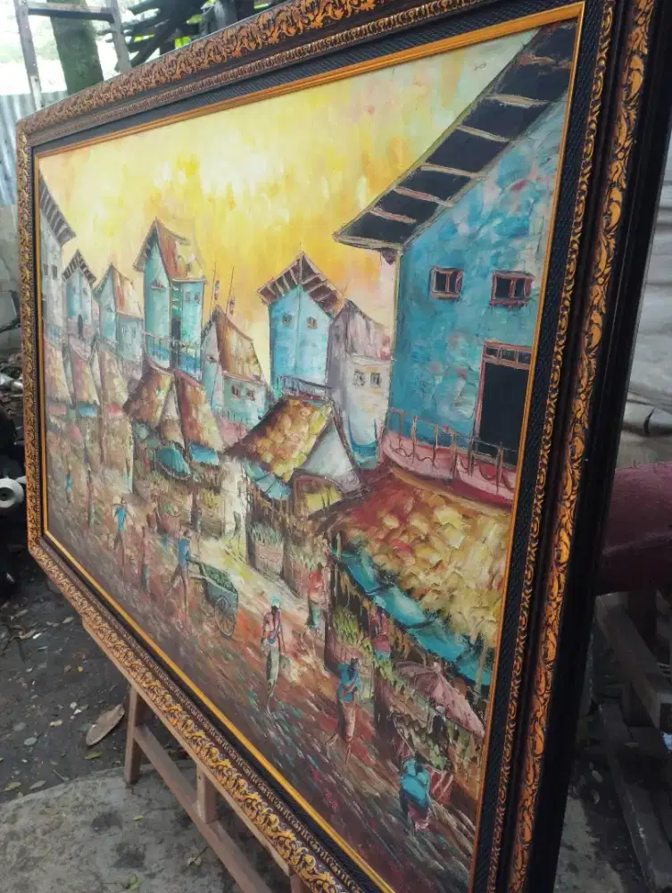 lukisan kanvas kesibukan dipasar + frame premium
