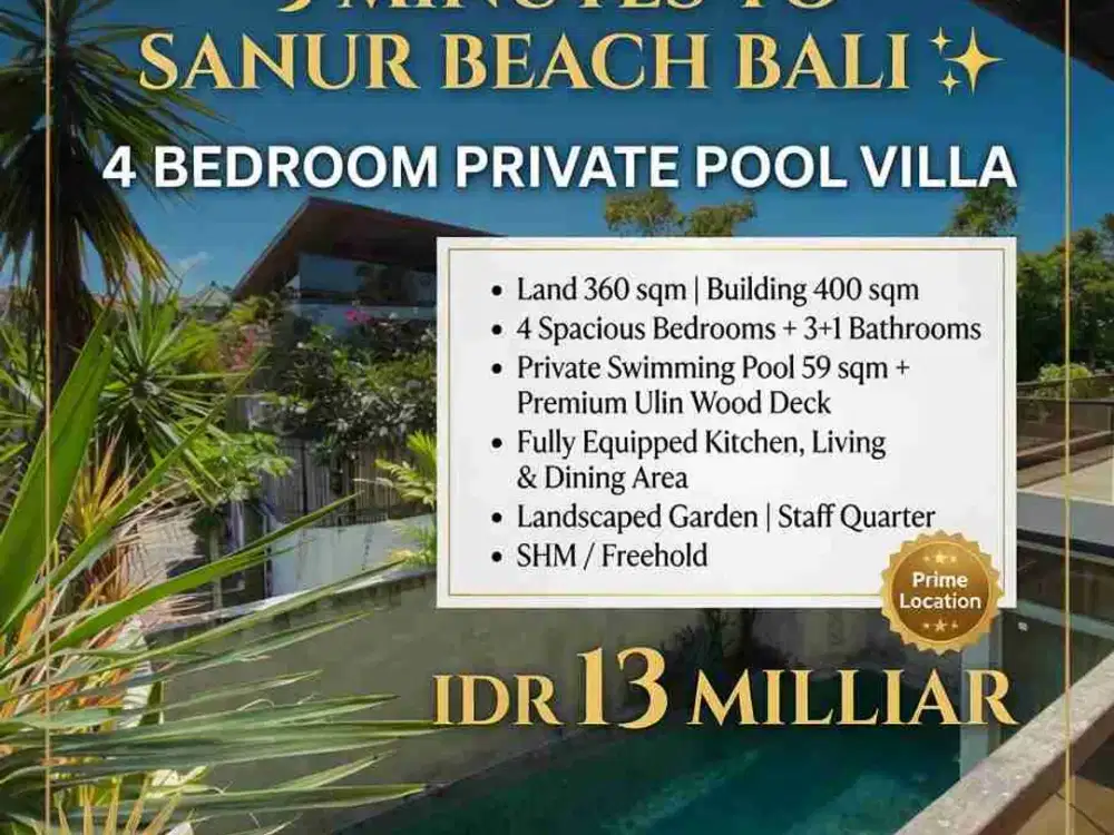 VILLA MEWAH FREEHOLD HANYA 5 MENIT KE PANTAI SANUR BALI