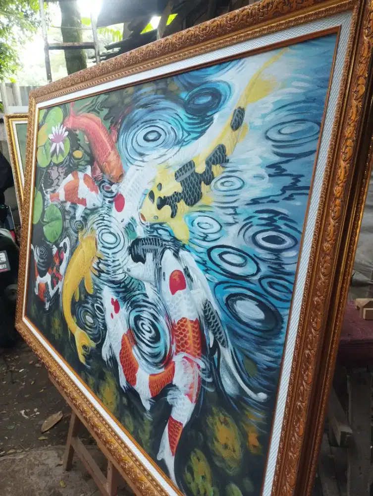 lukisan kanvas pemandangan 9 ikan koi + frame premium