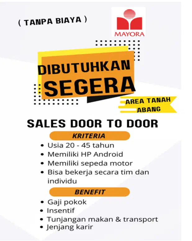 DIBUTUHKAN SEGERA SALES DOOR TO DOOR