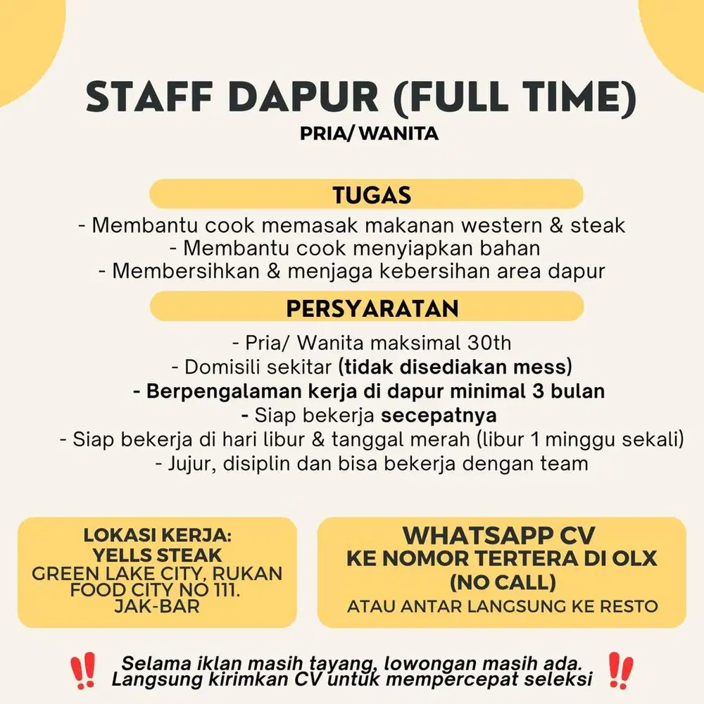 Lowongan Cook Helper Restoran (FULL TIME)