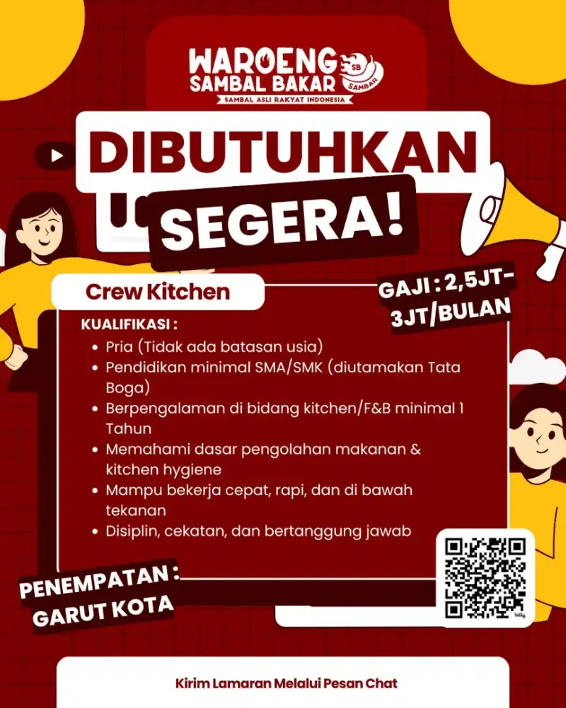 Lowongan Kerja Crew Floor & Kitchen Waroeng Sambal Bakar Garut Kota