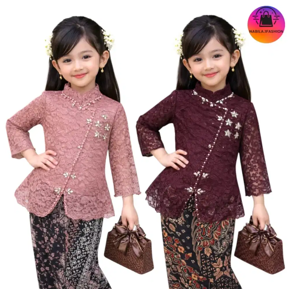 Set Kebaya Anak Perempuan Brokat Payet Batik 5-12 Tahun.