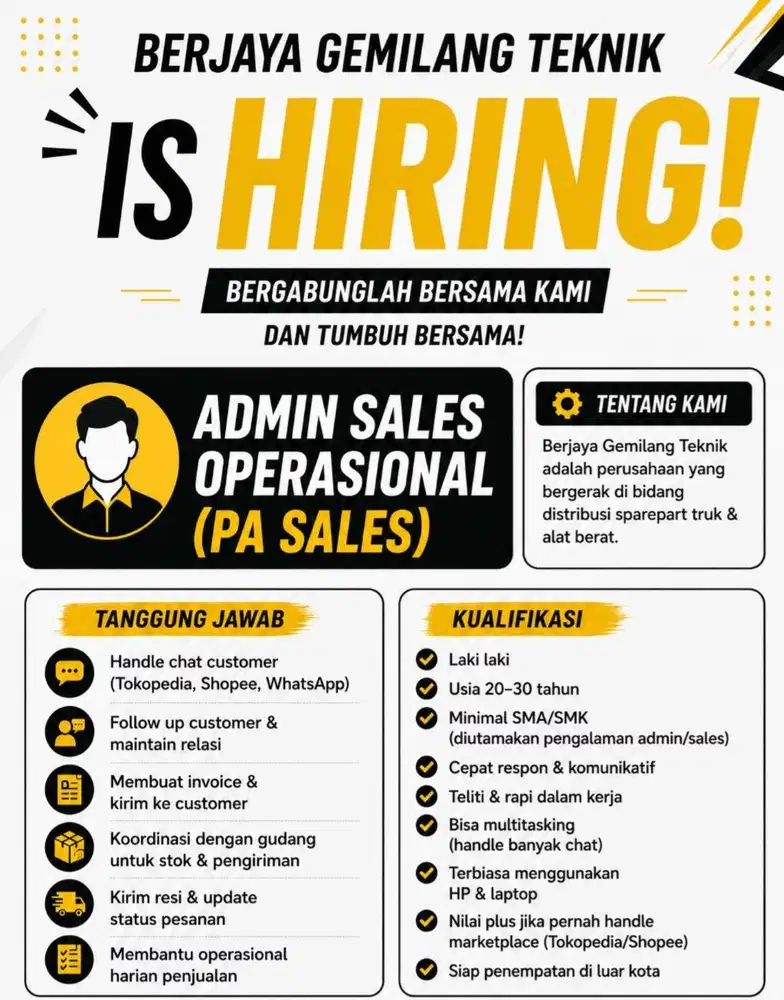 Loker Admin Sales / TIDAK SIAP PENEMPATAN DILUAR KOTA TDK PERLU DAFTAR