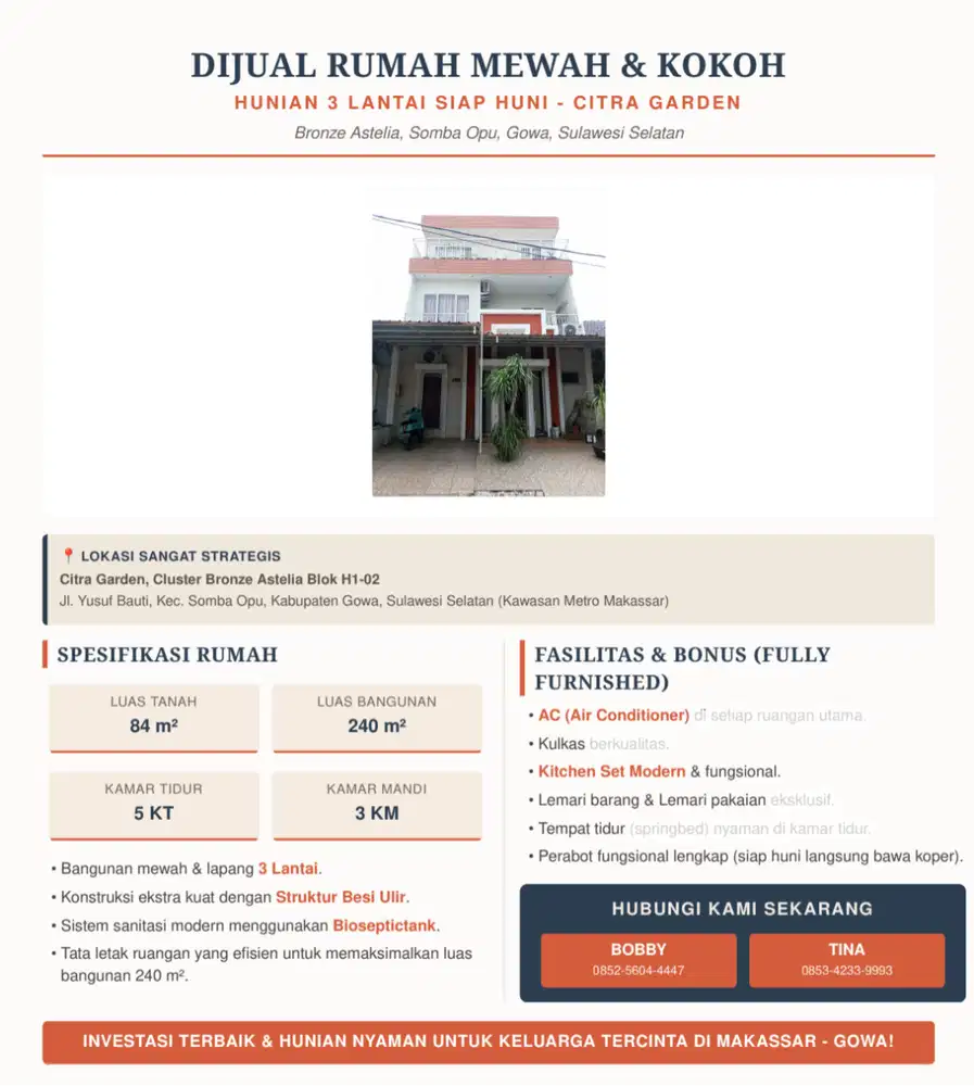 DIJUAL RUMAH MEWAH 3 LANTAI – FULLY FURNISHED DI CITRA GARDEN GOWA