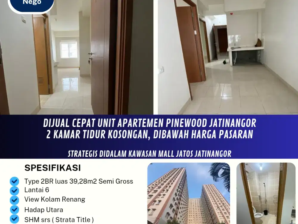 Dijual Cepat Unit Apartemen Pinewood Jatinangor
2 Kamar Tidur Kosongan, Dibawah Harga Pasaran.

Strategis Didalam Kawasan Mall Jatos Jatinangor.