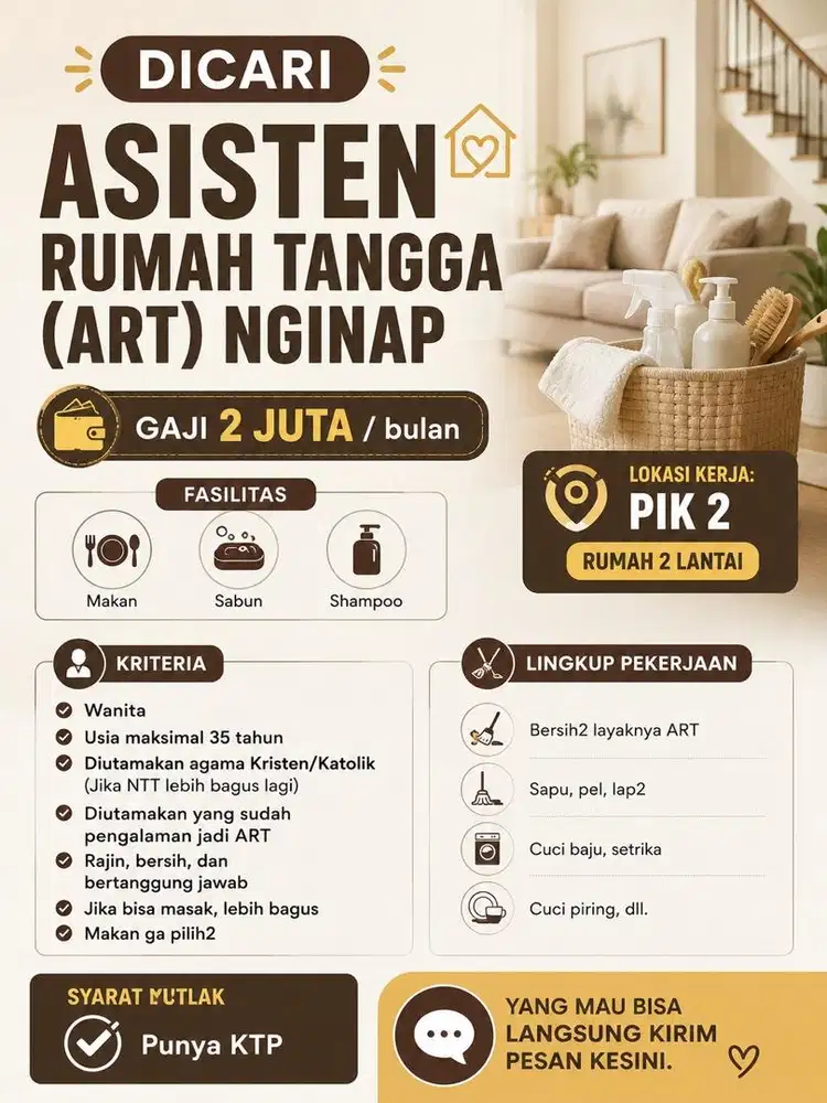LOWONGAN KERJA LOKER ART ASISTEN RUMAH TANGGA PEMBANTU PIK 2 JAKARTA