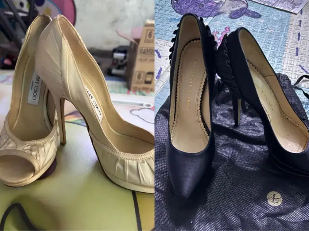Sepatu high heels merk Jimmy Choo dan Charlotte olympia