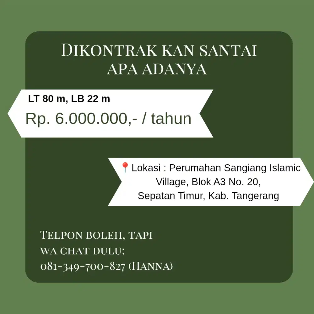 Dijual santai dan apa adanya tanah dan bangunan: LT 80m, LB 22m