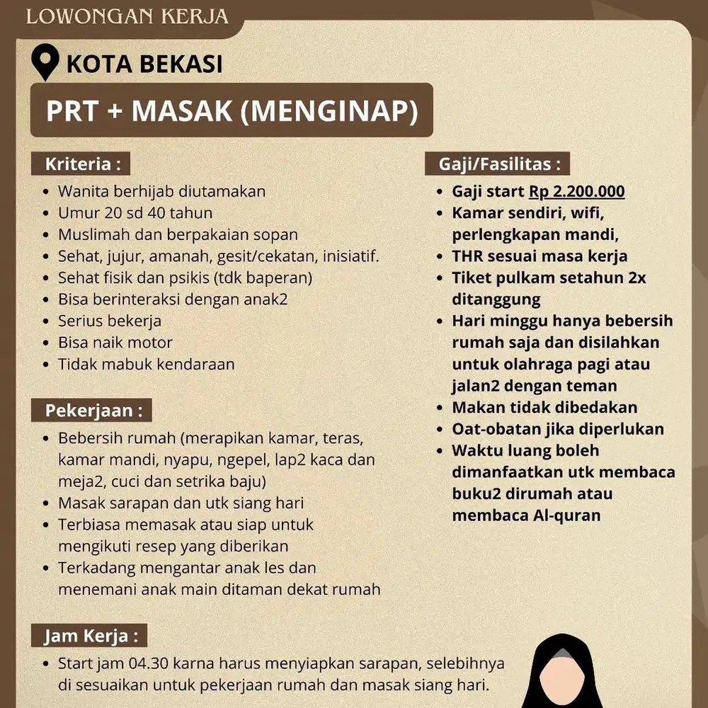 Lowongan pekerja rumah tangga (PRT / ART) beberes dan masak menginap