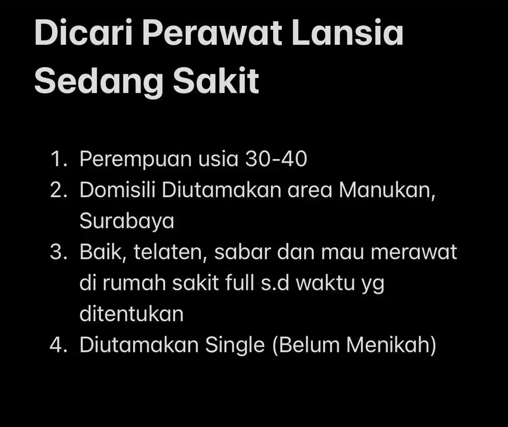 Dicari Perawat Lansia Sedang Sakit Secepatnya