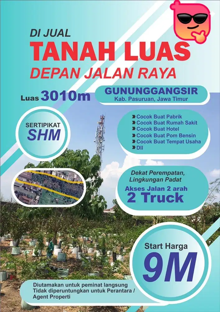 Tanah Dijual Luas 3010m Depan jalan raya serta perempatan