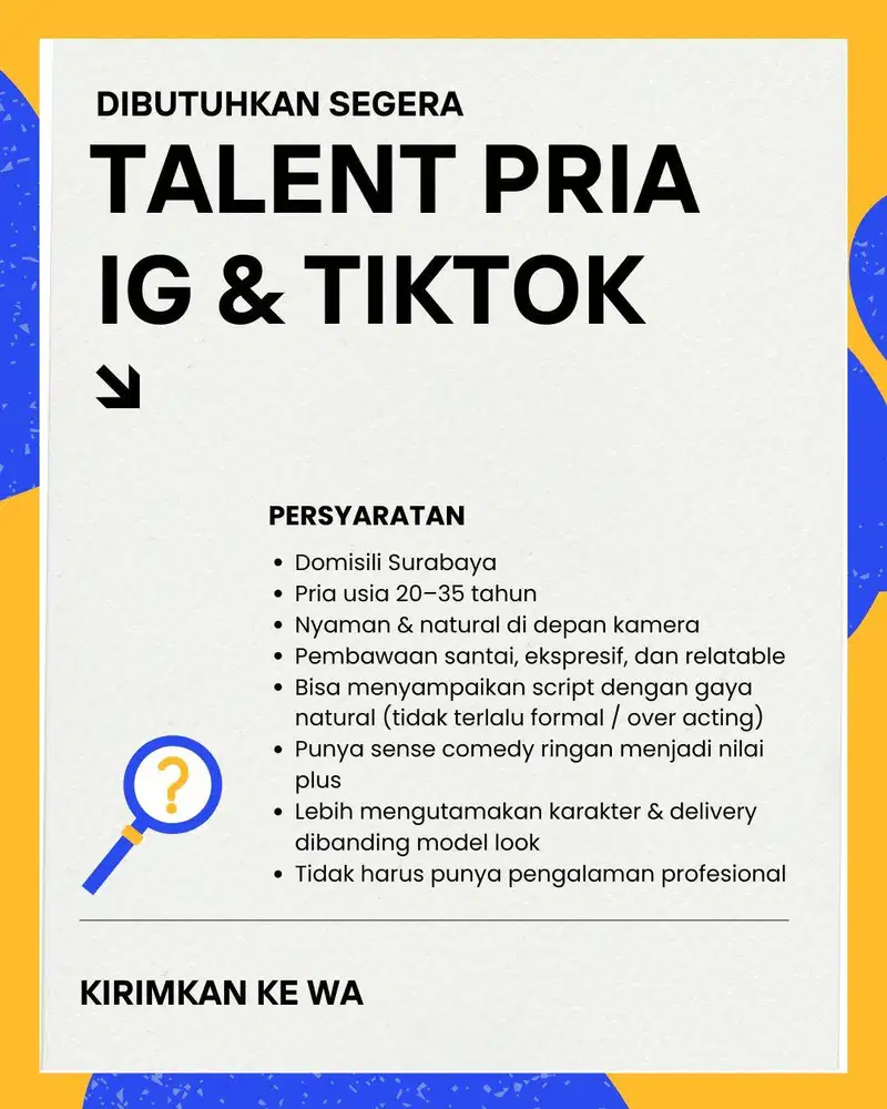 CASTING TALENT PRIA UNTUK CONTENT TIKTOK / INSTAGRAM REELS SURABAYA
