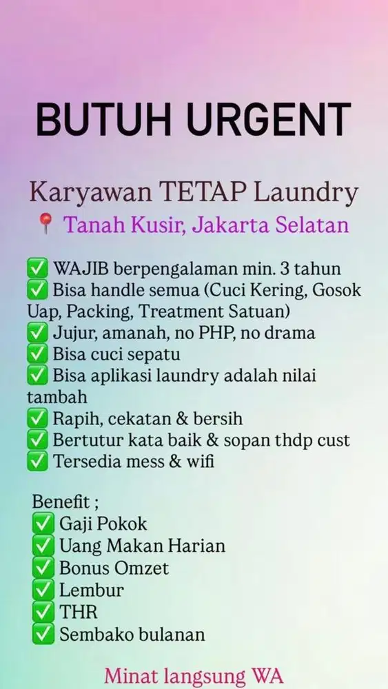 LOKER URGENT! Cocok langsung kerja!