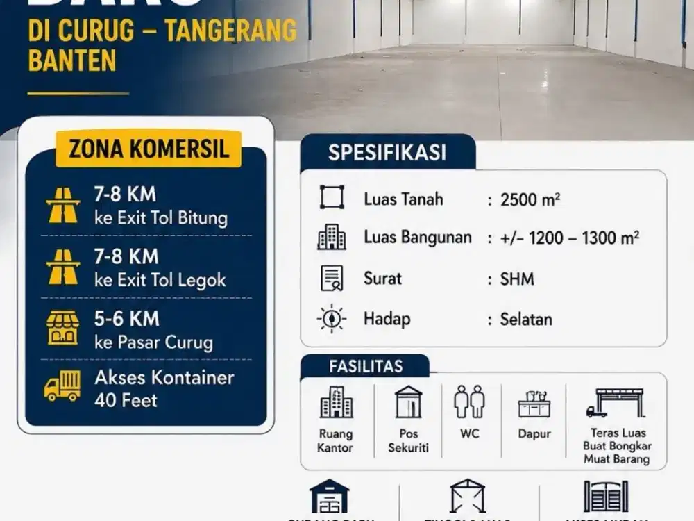 DISEWAKAN GUDANG BARU 2500M2-AKSES KONTAINER 40FT