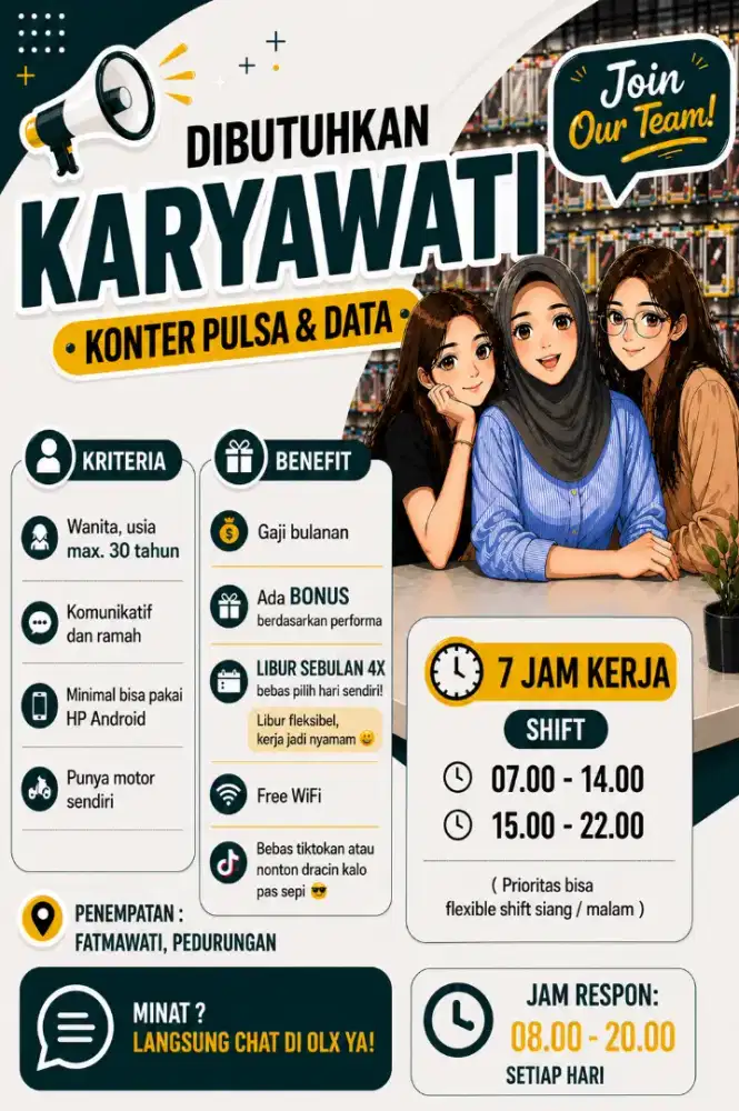 Dicari karyawati u/ konter pulsa data