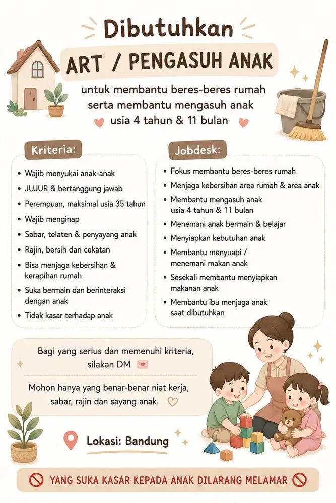 Dibutuhkan 1 orang Art wanita MENGINAP