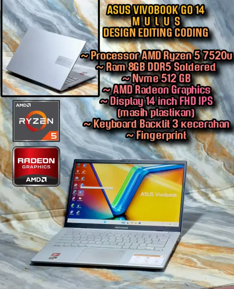 ASUS VIVOBOOK GO AMD RYZEN 5 7520U LAPTOP DESIGN EDITING CODING