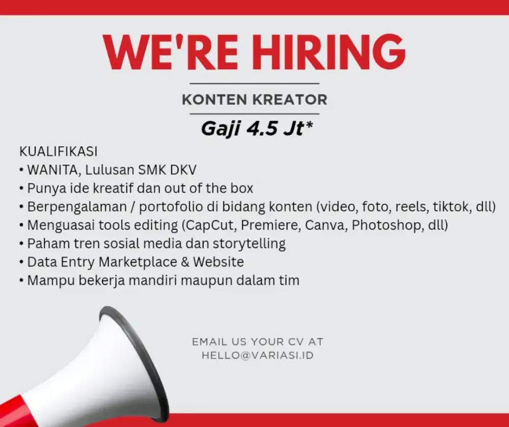 Dibutuhkan Segera Konten Kreator WANITA EX. DKV