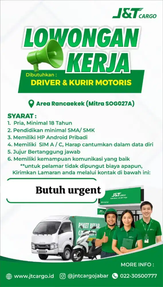DIBUTUHKAN SEGERA KURIR DAN DRIVER JNT CARGO AREA RANCAEKEK
