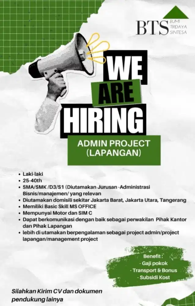 Lowongan pekerjaan admin project lapangan