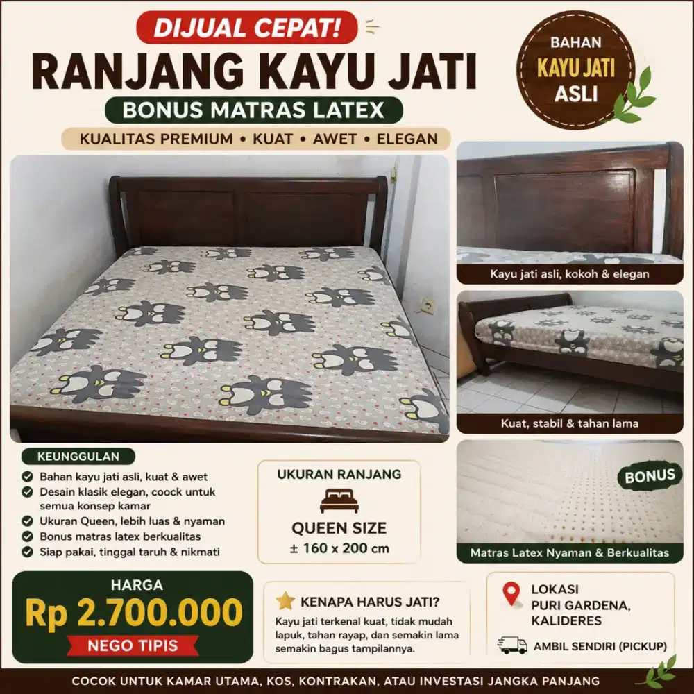 Ranjang Jati Queen Kokoh & Elegan + Bonus Matras