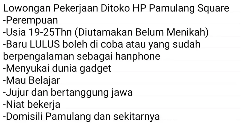 DIBUTUHKAN SEGERA UNTUK JAGA TOKO HP (WANITA)