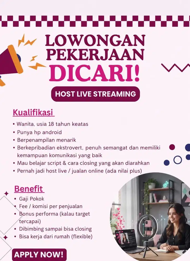 Dibutuhkan segera 4 orang hostlive tiktok