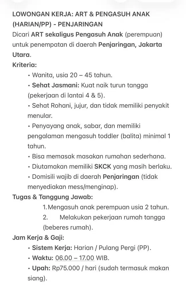 LOWONGAN KERJA: ART & PENGASUH ANAK (HARIAN/PP) - PENJARINGAN
