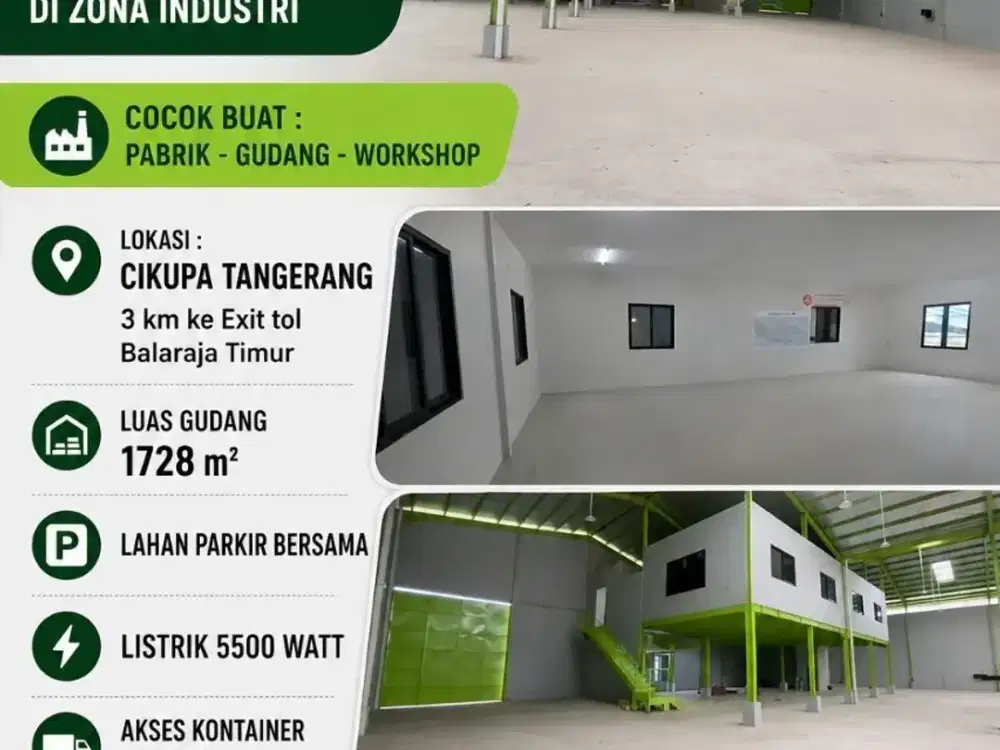 Disewakan gudang 1728m2-cikupa tangerang-akses kontainer 40ft