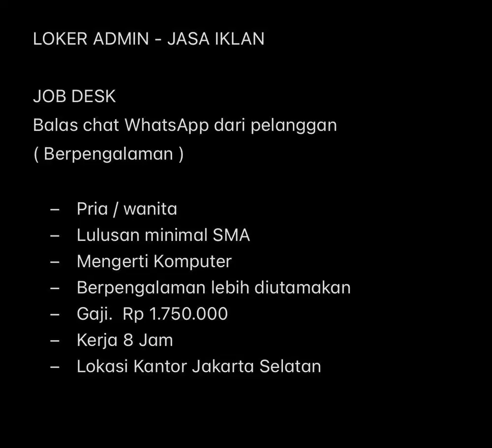 Lowongan kerja Admin