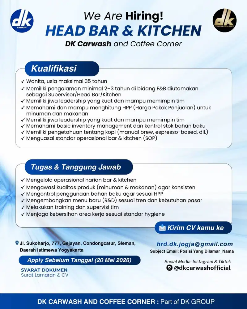 Lowongan Head Bar & Kitchen DK Carwash & Coffee Corner