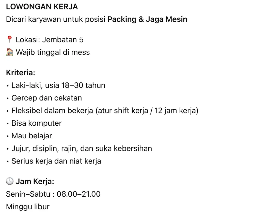 Lowker jaga mesin dan packing