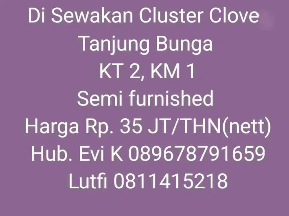 Disewakan Rumah di Perumahan Clove Tanjung Bunga Makassar