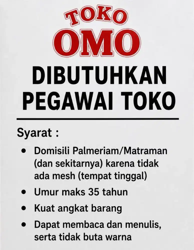 Dibutuhkan Pegawai Toko/Warung Sembako (Khusus Laki Laki)