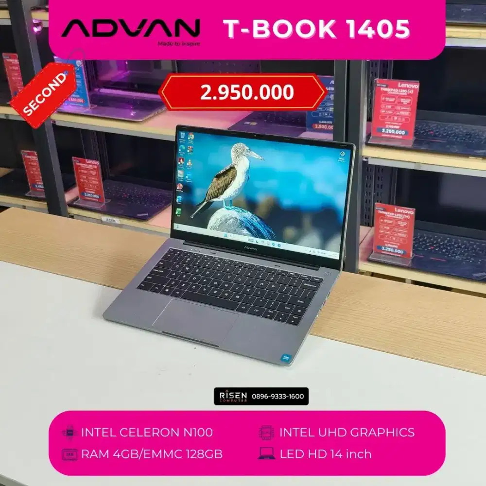 ADVAN T-BOOK 1405 N100 RAM 4GB EMMC 128GB HD 14inch Second Laptop