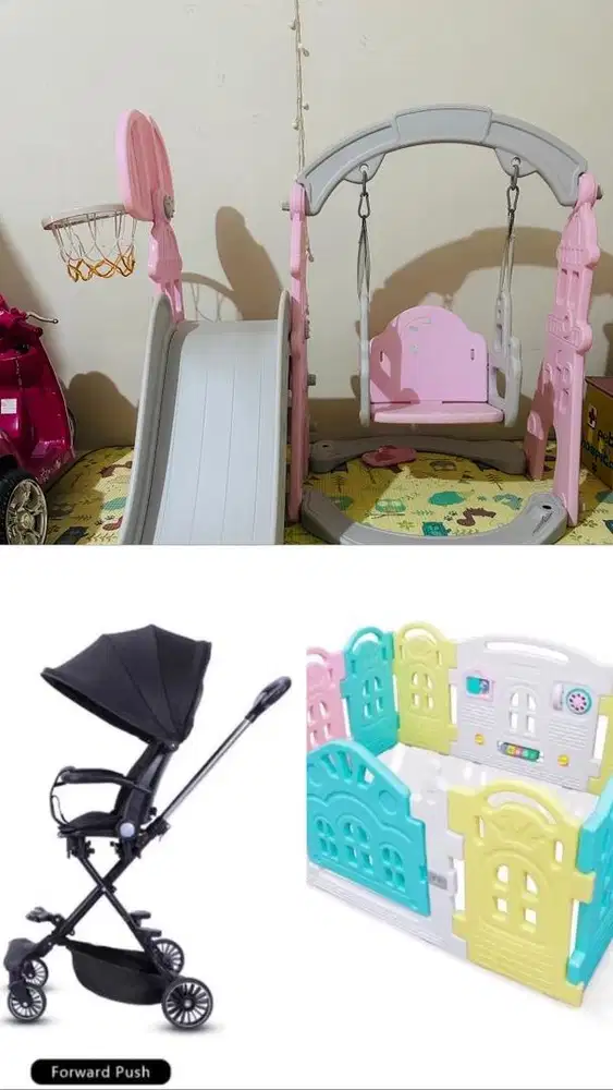 Dijual paket lengkap,stroller, pagar main anak dan perosotan+ayunan