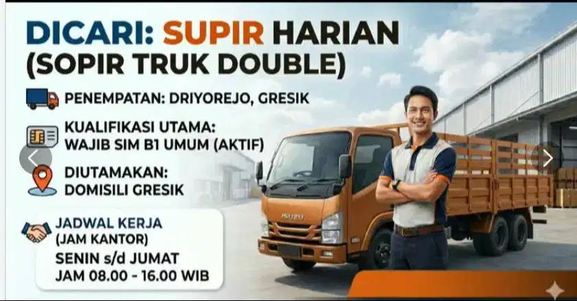 Lowongan Supir Harian Truk Double - Driyorejo Gresik (SIM B1 Umum)