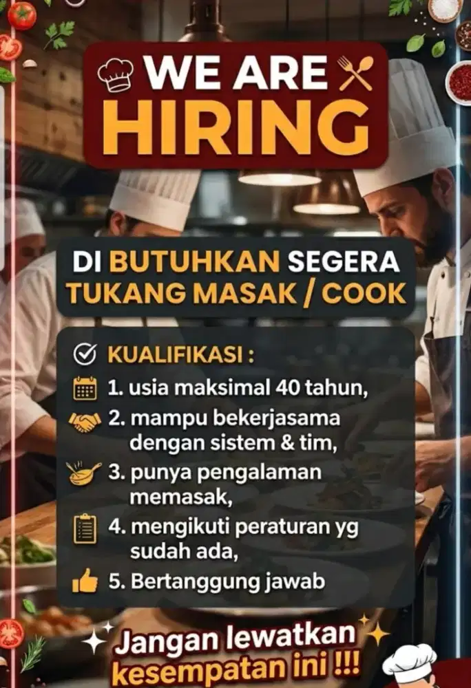 Di cari Segera cook/ Tukang Masak