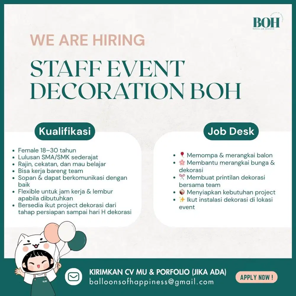 Lowongan pekerjaan untuk staff event dekorasi dan admin