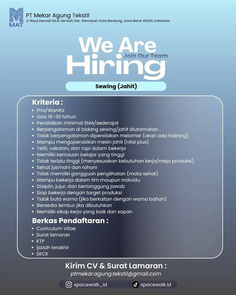 LOKER SEWING, PT MEKAR AGUNG TEKSTIL